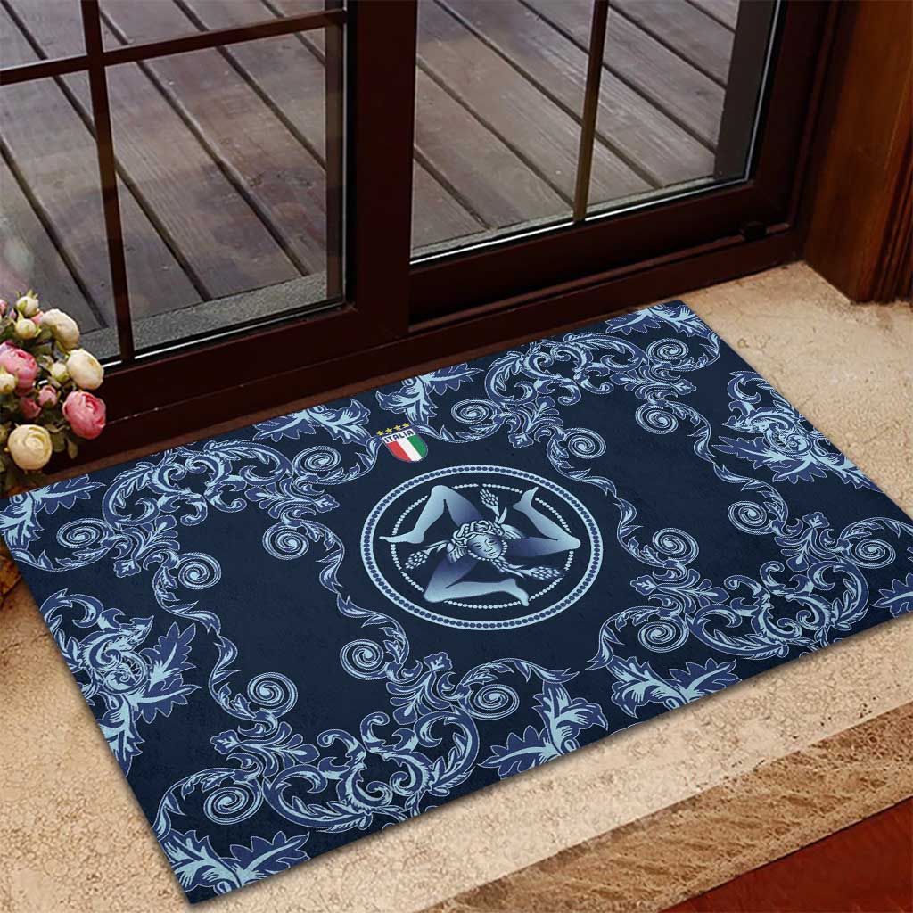 Italy Football 2026 Rubber Doormat Italian Trinacria Blue Baroque Design