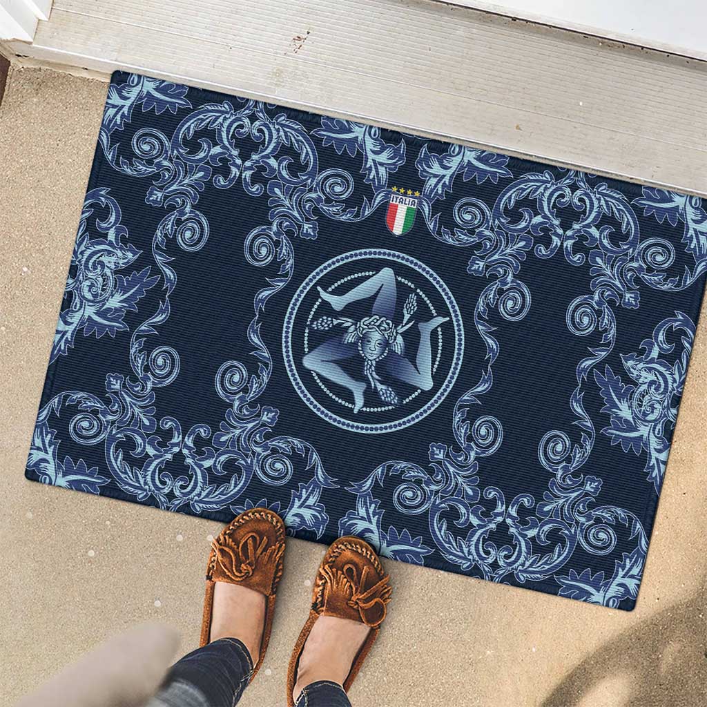 Italy Football 2026 Rubber Doormat Italian Trinacria Blue Baroque Design