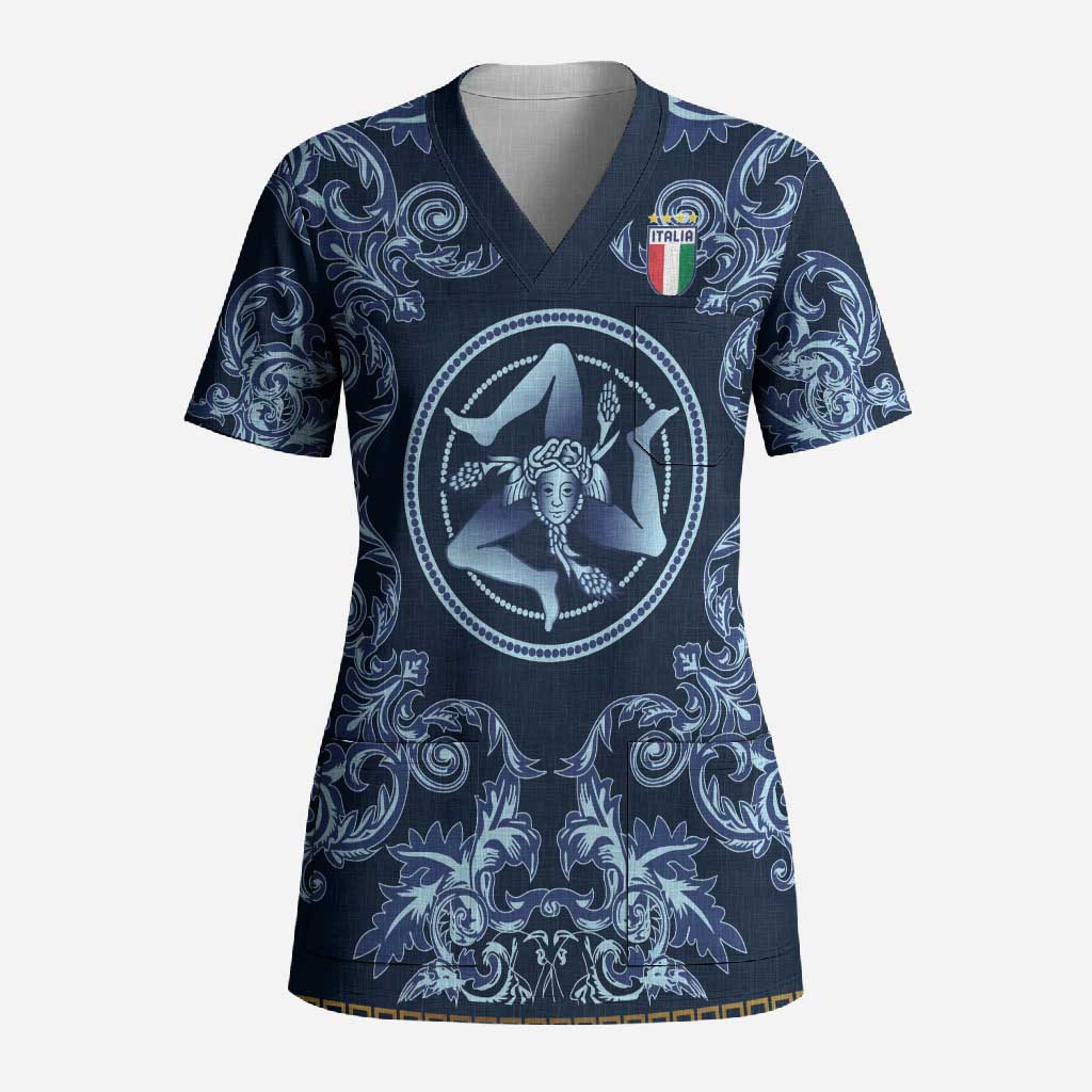 Custom Italy Football 2026 Scrub Top Italian Trinacria Blue Baroque Design