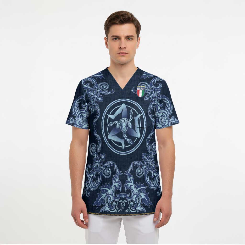 Custom Italy Football 2026 Scrub Top Italian Trinacria Blue Baroque Design