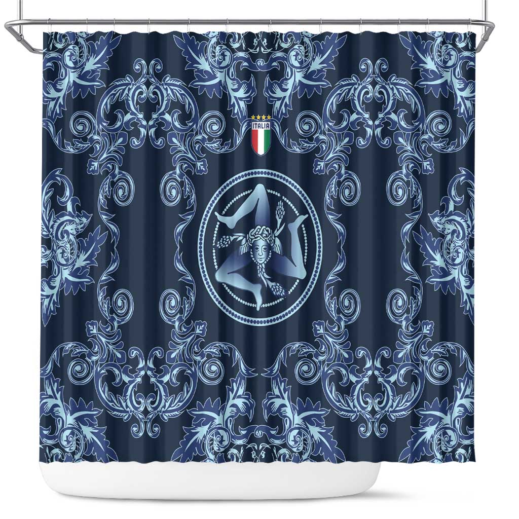 Italy Football 2026 Shower Curtain Italian Trinacria Blue Baroque Design