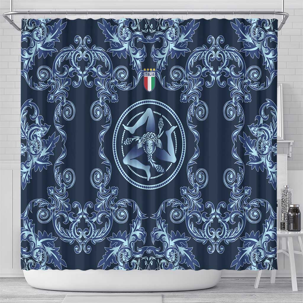 Italy Football 2026 Shower Curtain Italian Trinacria Blue Baroque Design