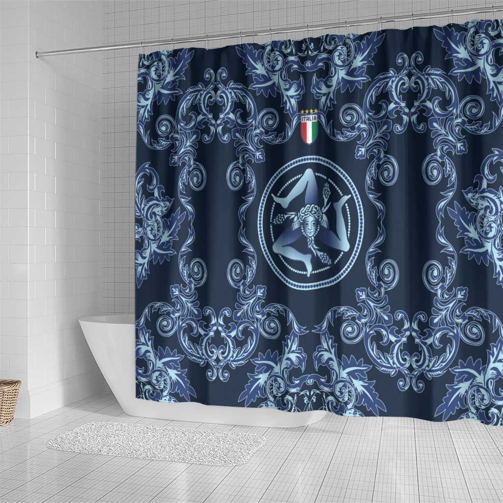 Italy Football 2026 Shower Curtain Italian Trinacria Blue Baroque Design