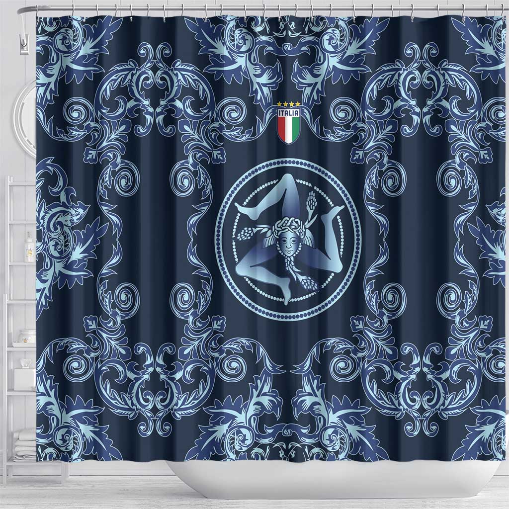 Italy Football 2026 Shower Curtain Italian Trinacria Blue Baroque Design