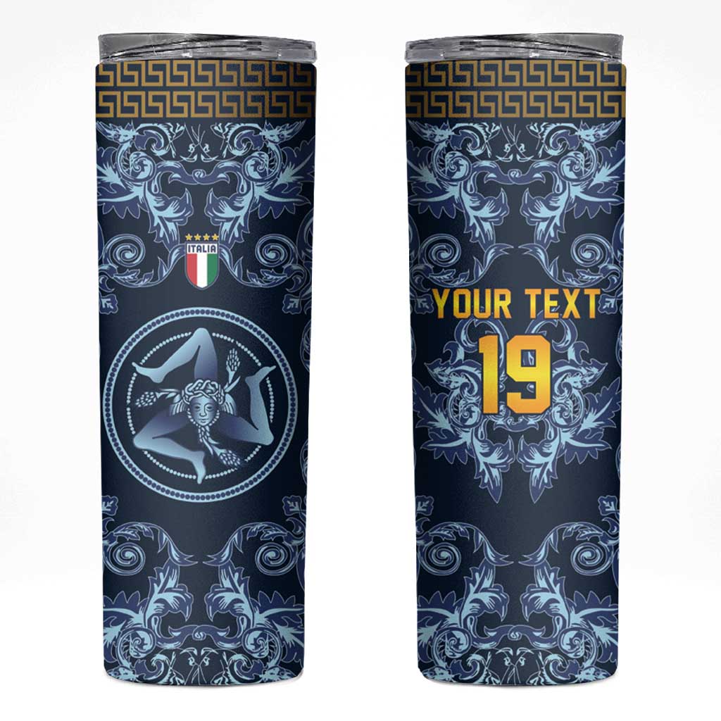 Custom Italy Football 2026 Skinny Tumbler Italian Trinacria Blue Baroque Design
