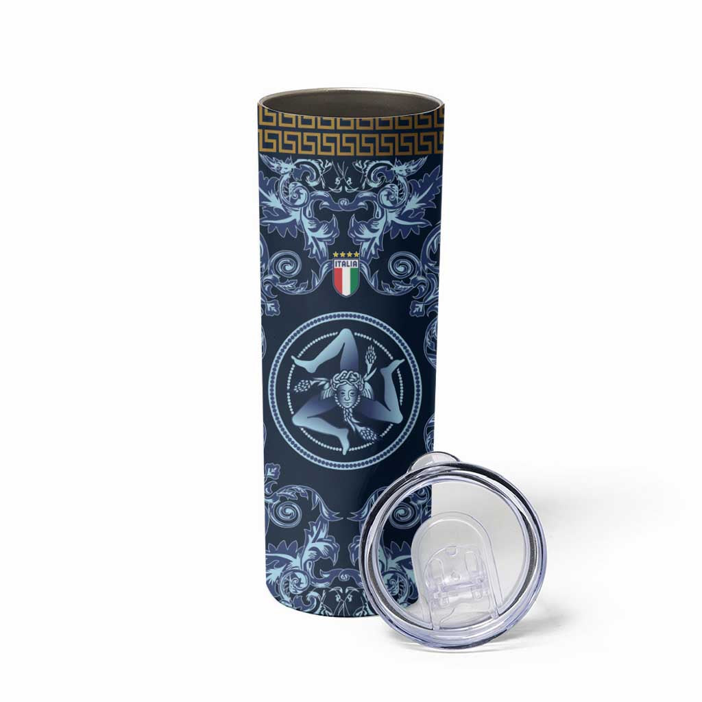 Custom Italy Football 2026 Skinny Tumbler Italian Trinacria Blue Baroque Design