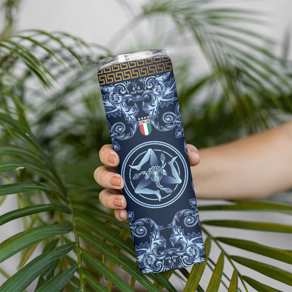 Custom Italy Football 2026 Skinny Tumbler Italian Trinacria Blue Baroque Design