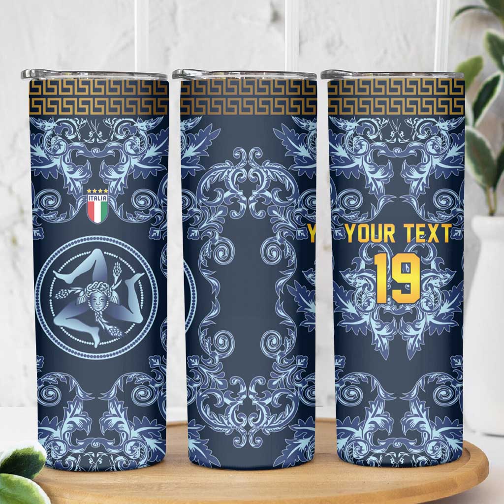 Custom Italy Football 2026 Skinny Tumbler Italian Trinacria Blue Baroque Design