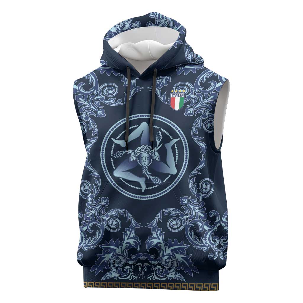 Custom Italy Football 2026 Sleeveless Hoodie Italian Trinacria Blue Baroque Design
