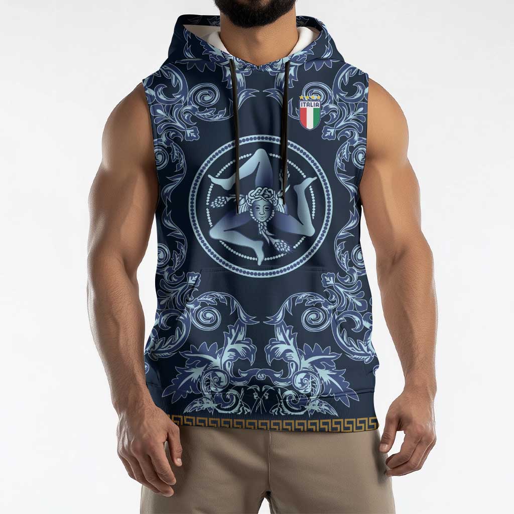 Custom Italy Football 2026 Sleeveless Hoodie Italian Trinacria Blue Baroque Design