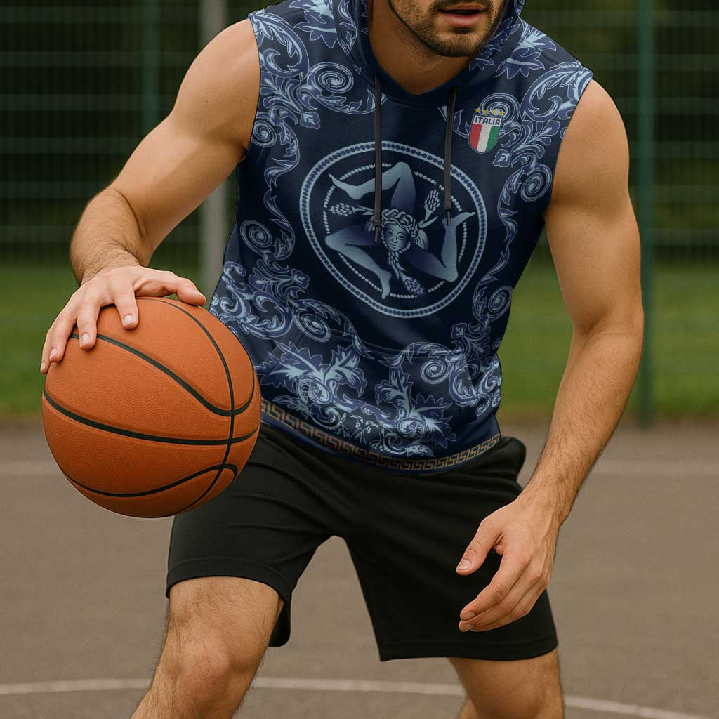 Custom Italy Football 2026 Sleeveless Hoodie Italian Trinacria Blue Baroque Design