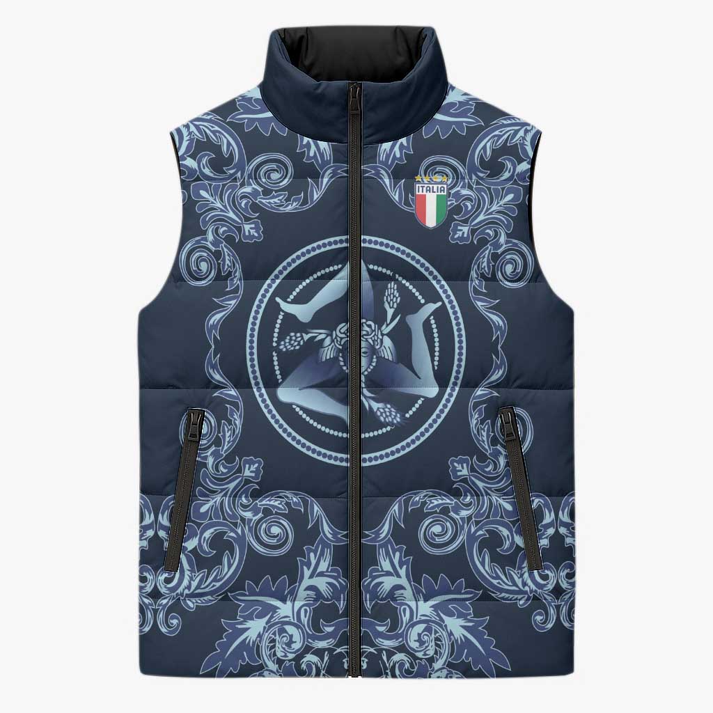 Custom Italy Football 2026 Sleeveless Puffer Jacket Italian Trinacria Blue Baroque Design