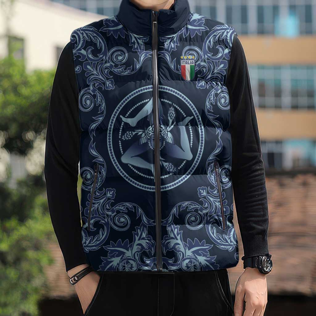 Custom Italy Football 2026 Sleeveless Puffer Jacket Italian Trinacria Blue Baroque Design