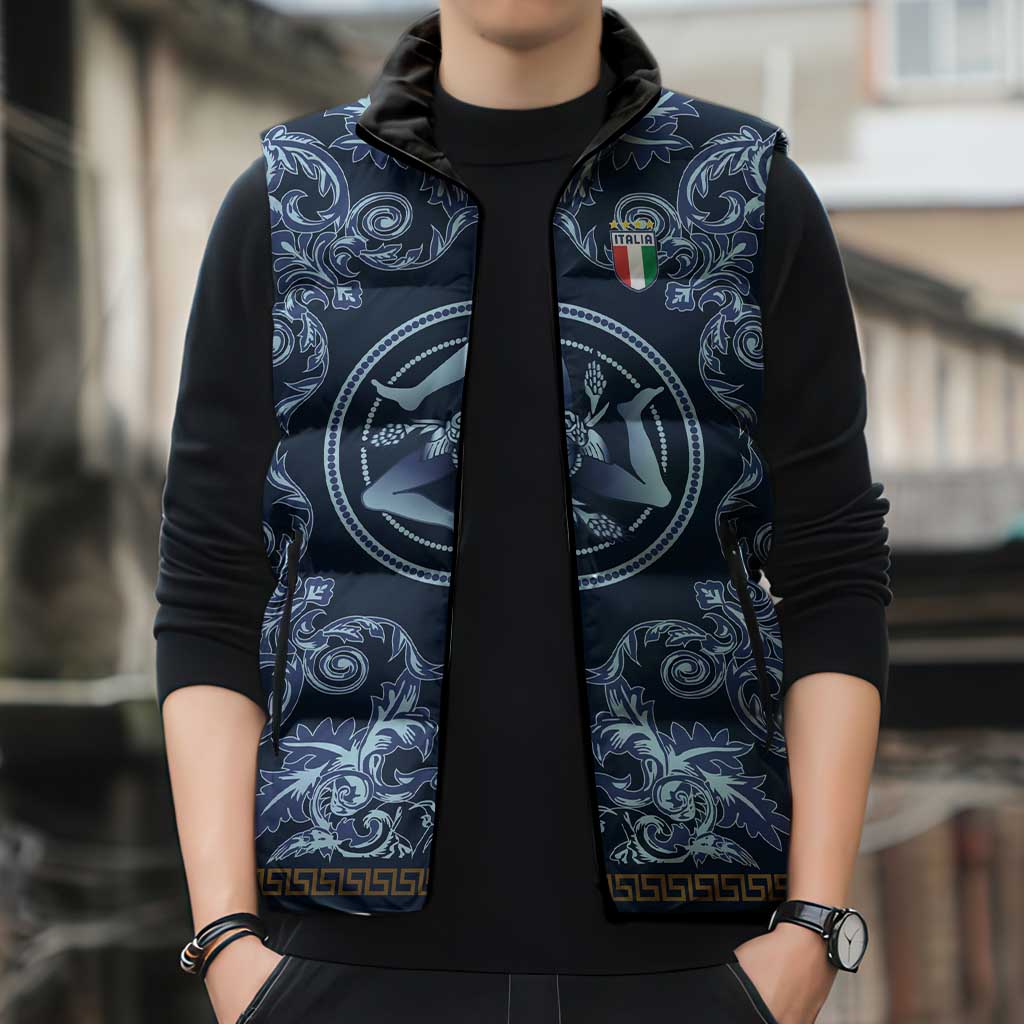 Custom Italy Football 2026 Sleeveless Puffer Jacket Italian Trinacria Blue Baroque Design
