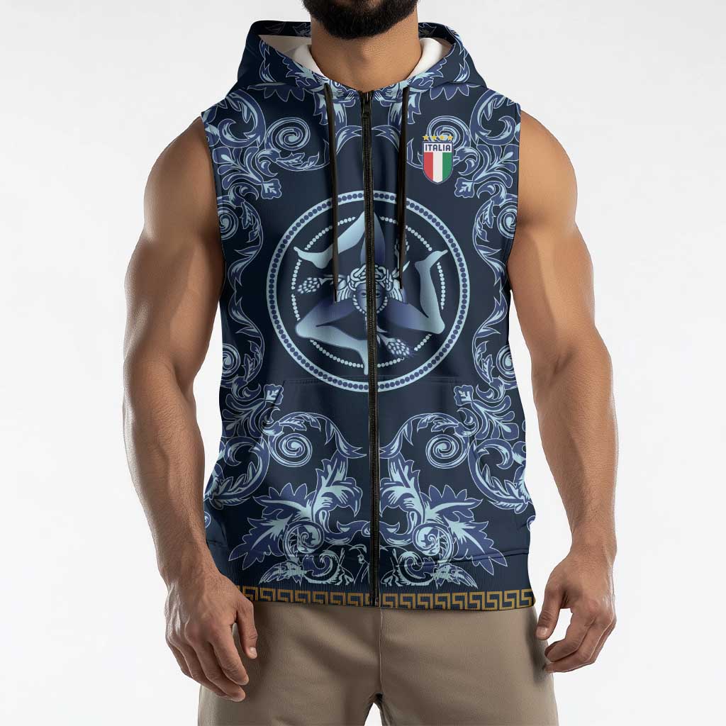 Custom Italy Football 2026 Sleeveless Zip Hoodie Italian Trinacria Blue Baroque Design