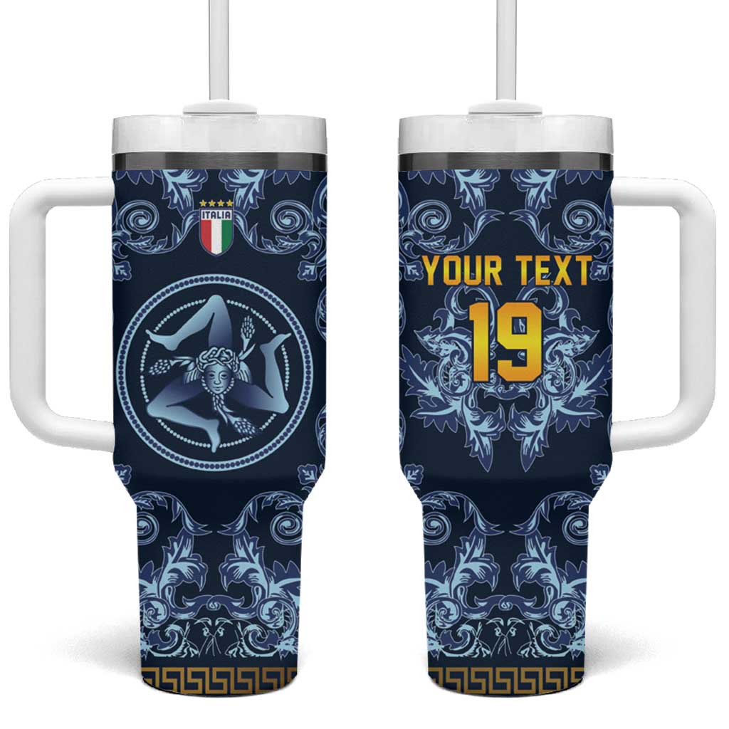 Custom Italy Football 2026 Tumbler With Handle Italian Trinacria Blue Baroque Design