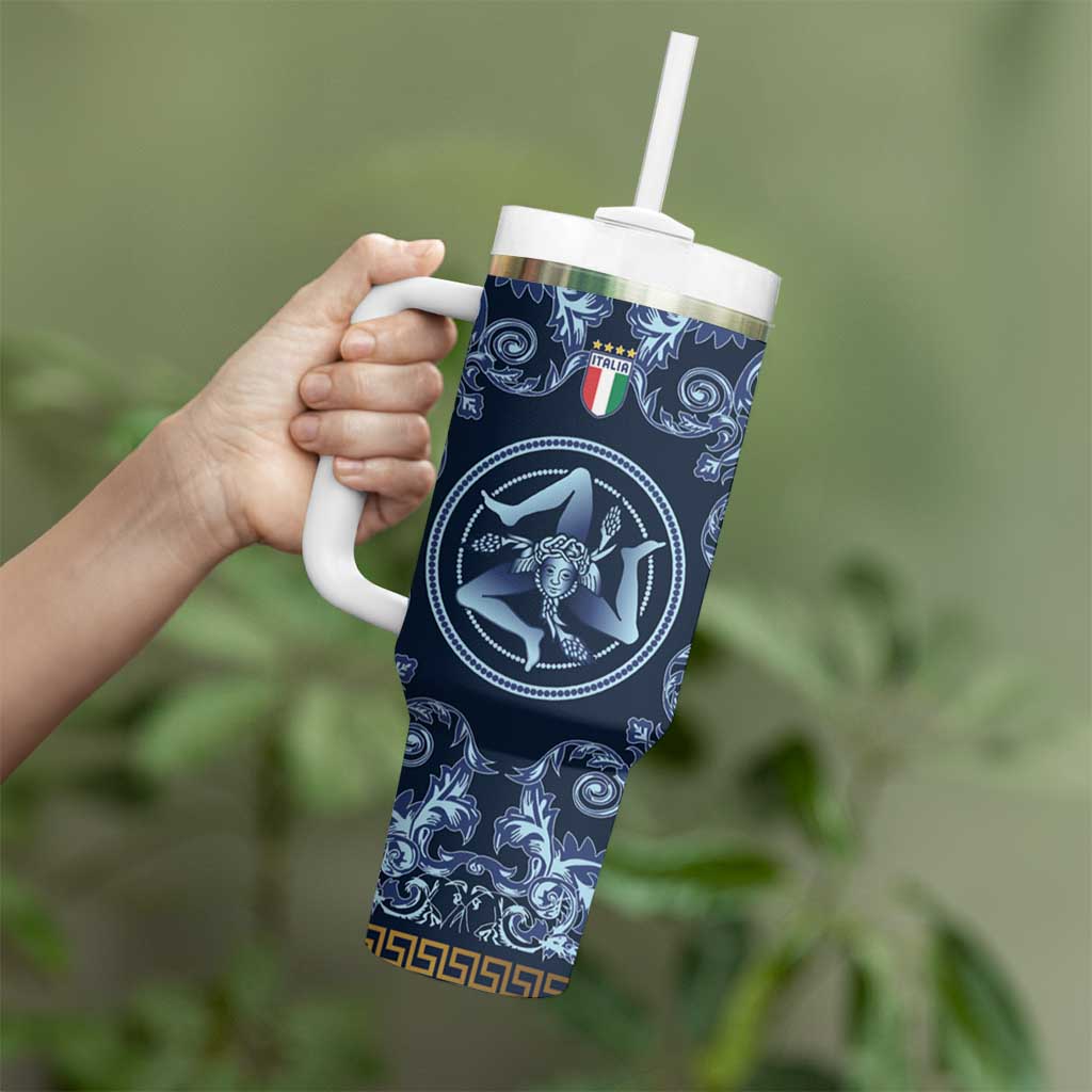 Custom Italy Football 2026 Tumbler With Handle Italian Trinacria Blue Baroque Design