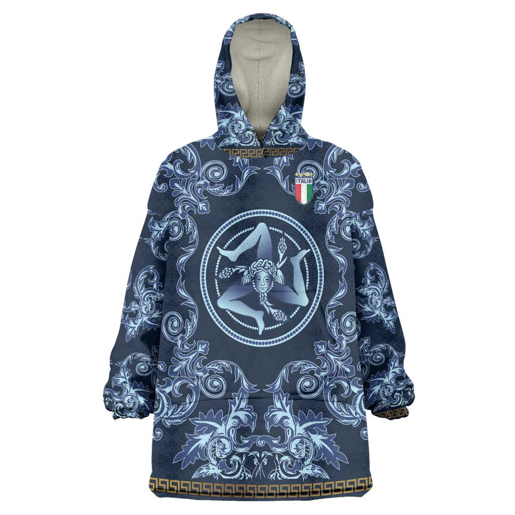 Custom Italy Football 2026 Wearable Blanket Hoodie Italian Trinacria Blue Baroque Design