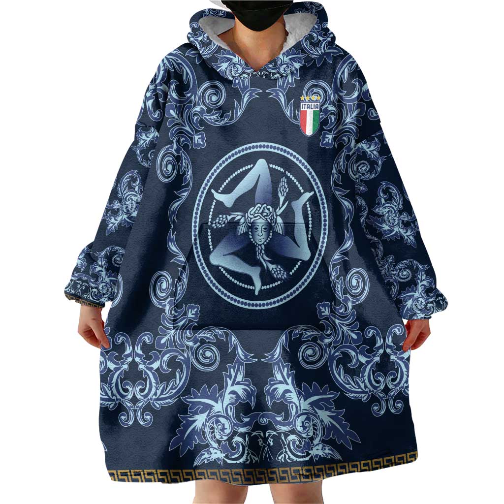 Custom Italy Football 2026 Wearable Blanket Hoodie Italian Trinacria Blue Baroque Design