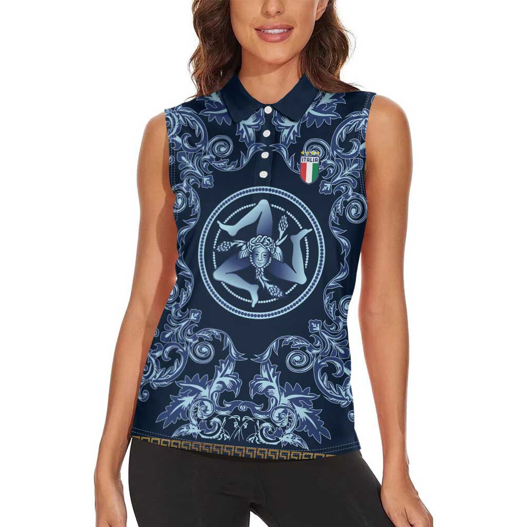 Custom Italy Football 2026 Women Sleeveless Polo Shirt Italian Trinacria Blue Baroque Design