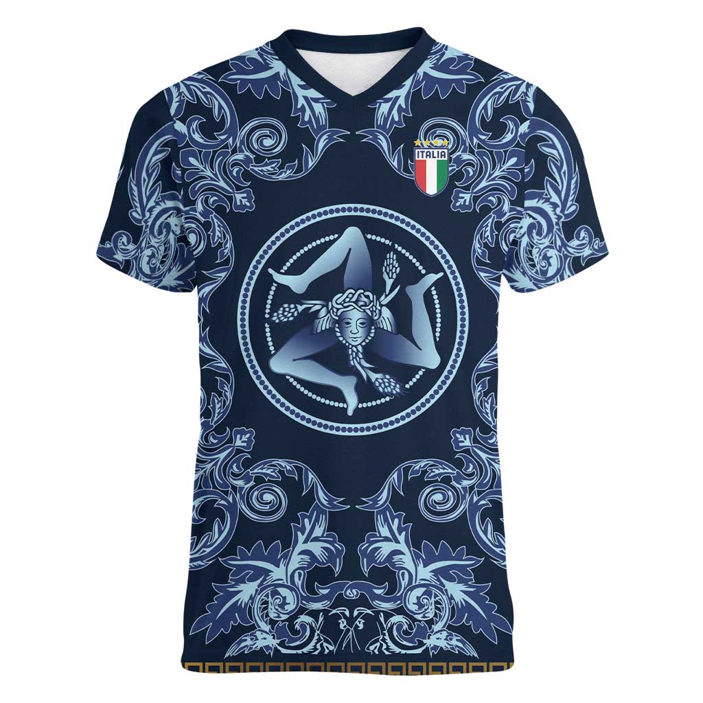 Custom Italy Football 2026 Women V-Neck T-Shirt Italian Trinacria Blue Baroque Design