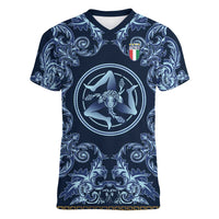 Custom Italy Football 2026 Women V-Neck T-Shirt Italian Trinacria Blue Baroque Design