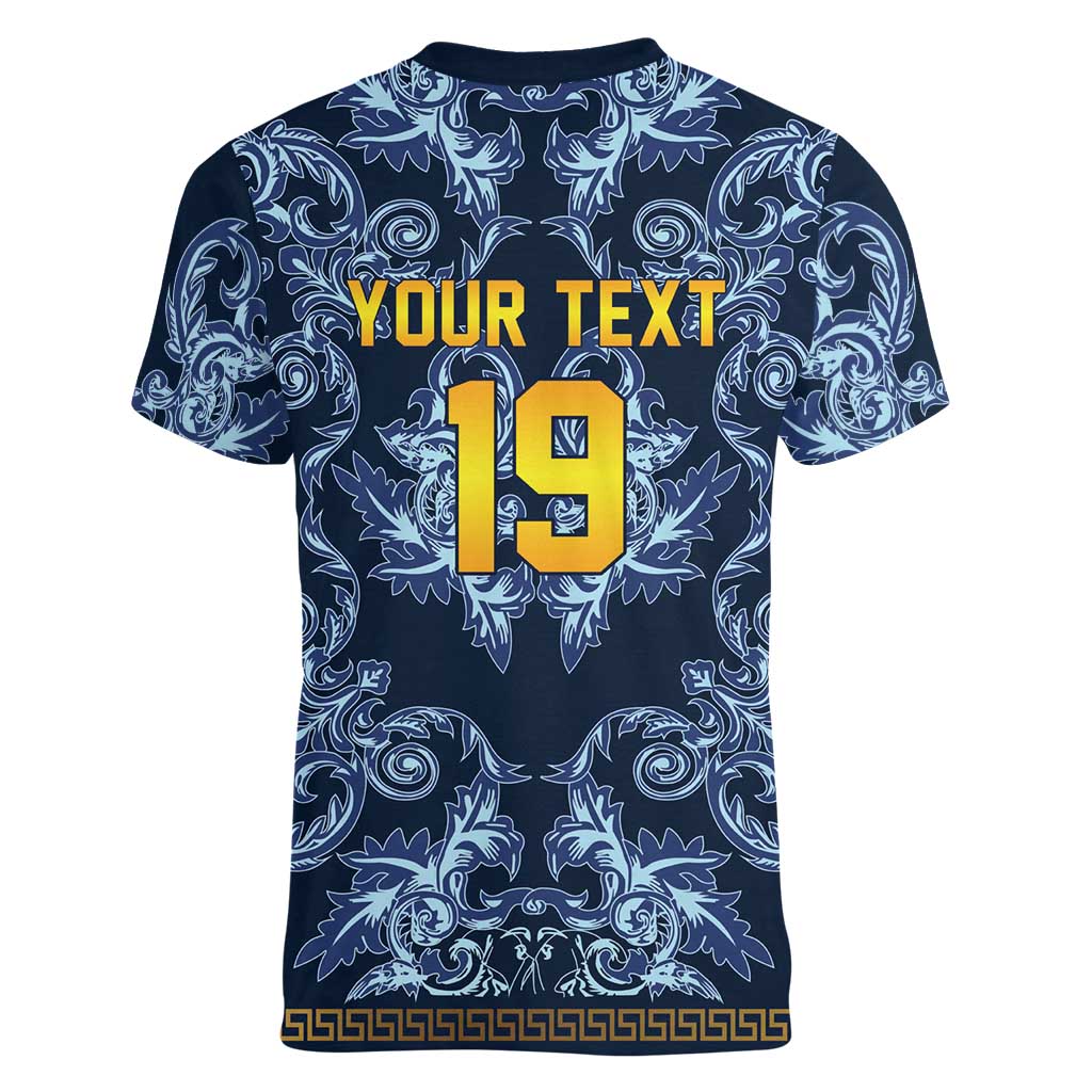 Custom Italy Football 2026 Women V-Neck T-Shirt Italian Trinacria Blue Baroque Design