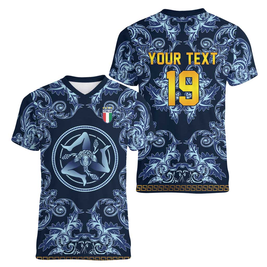 Custom Italy Football 2026 Women V-Neck T-Shirt Italian Trinacria Blue Baroque Design