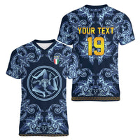 Custom Italy Football 2026 Women V-Neck T-Shirt Italian Trinacria Blue Baroque Design