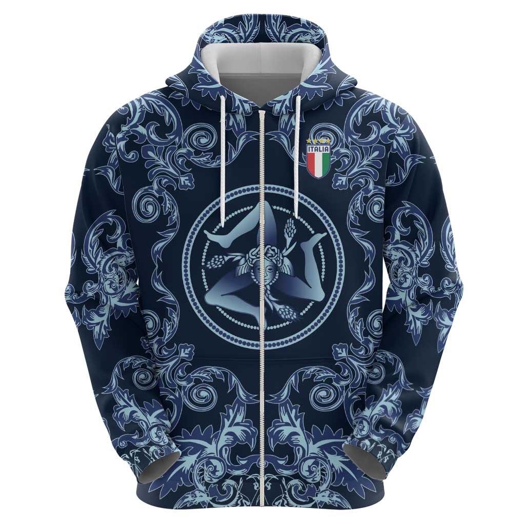 Custom Italy Football 2026 Zip Hoodie Italian Trinacria Blue Baroque Design