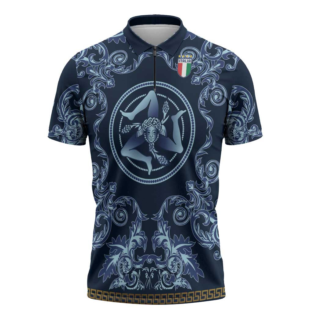 Custom Italy Football 2026 Zipper Polo Shirt Italian Trinacria Blue Baroque Design