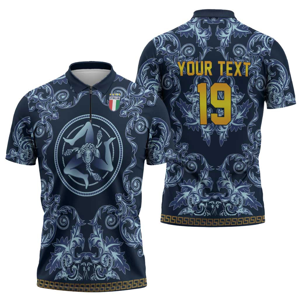 Custom Italy Football 2026 Zipper Polo Shirt Italian Trinacria Blue Baroque Design