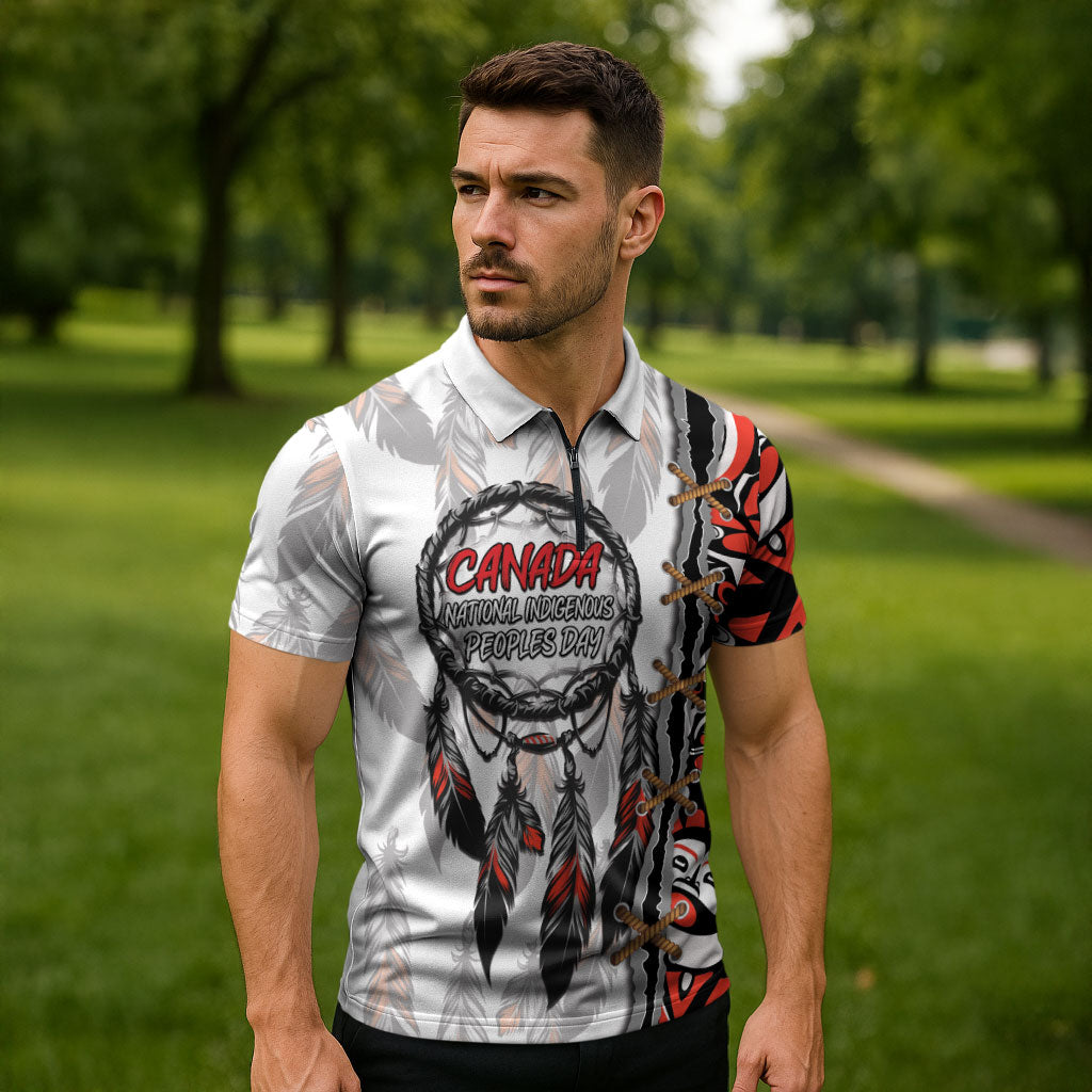 Canada National Indigenous Peoples Day Zipper Polo Shirt Dreamcatcher First Nations Heritage Pride