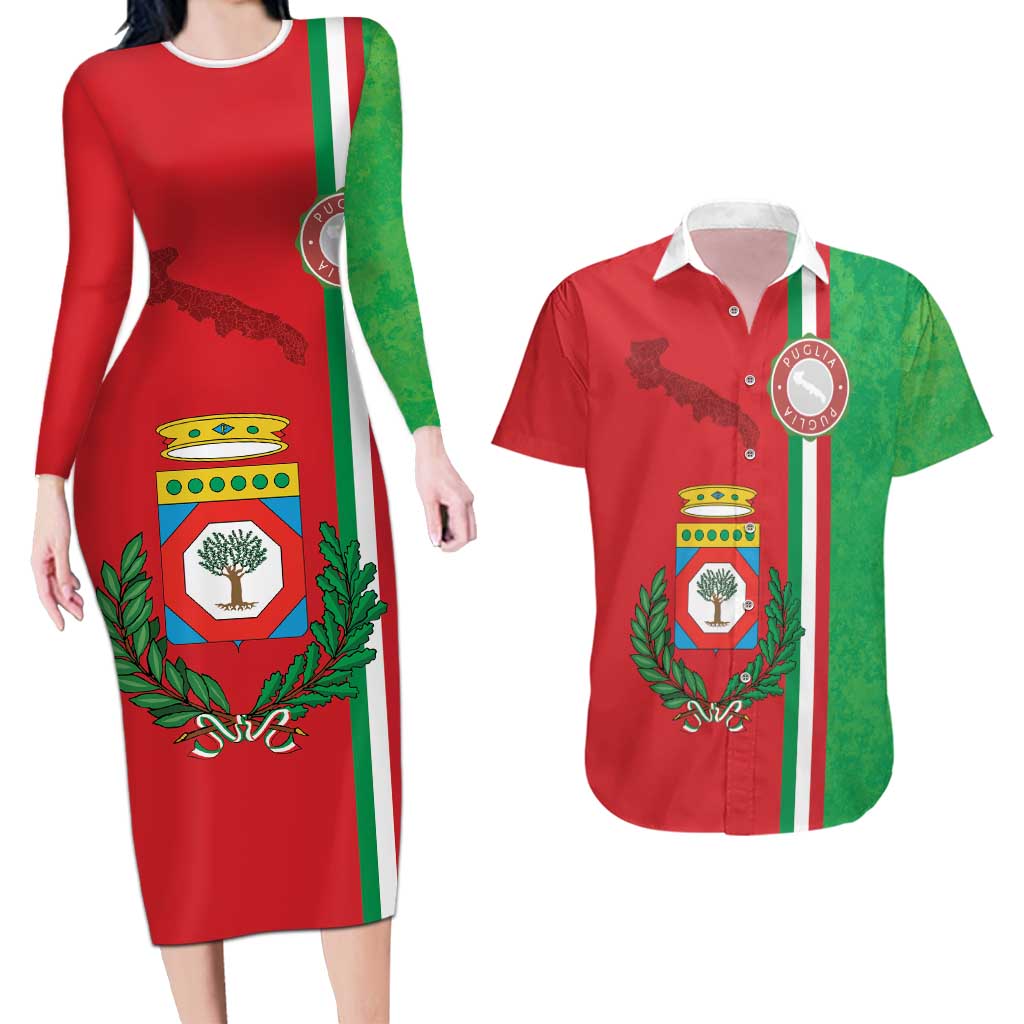 Italy Apulia Couples Matching Long Sleeve Bodycon Dress and Hawaiian Shirt Map Of Apulia With Coat Of Arms LT19