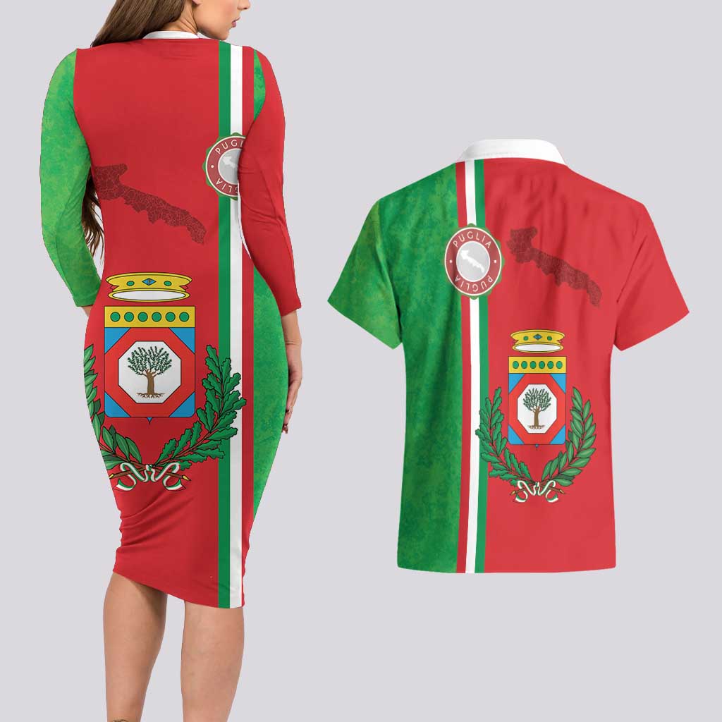 Italy Apulia Couples Matching Long Sleeve Bodycon Dress and Hawaiian Shirt Map Of Apulia With Coat Of Arms LT19