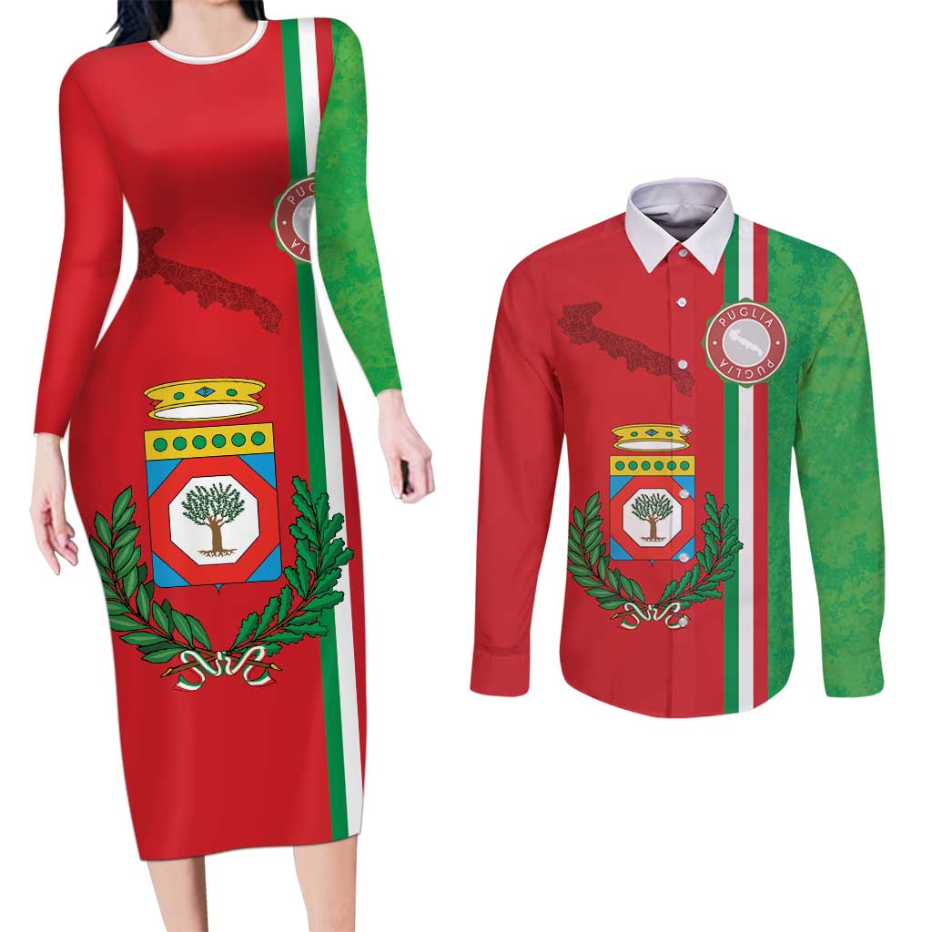 Italy Apulia Couples Matching Long Sleeve Bodycon Dress and Long Sleeve Button Shirt Map Of Apulia With Coat Of Arms - Wonder Print Shop