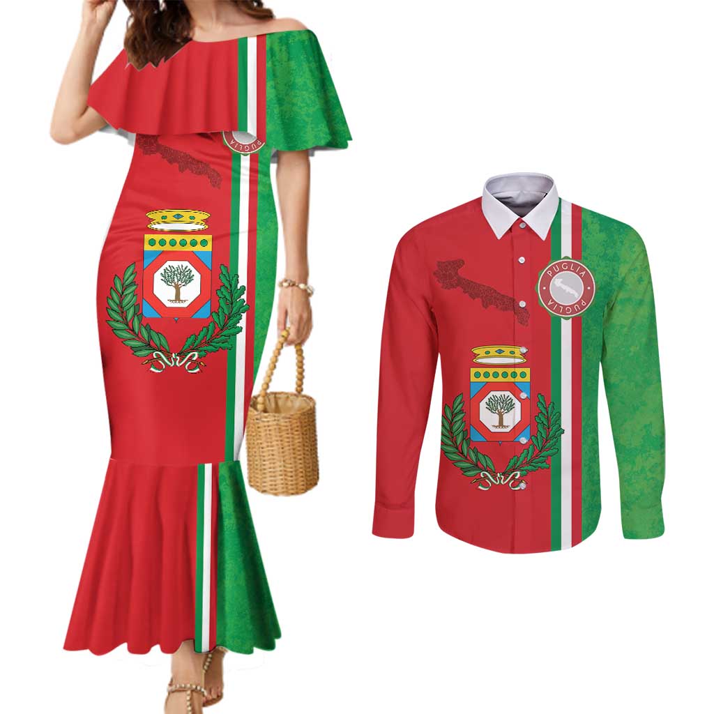 Italy Apulia Couples Matching Mermaid Dress and Long Sleeve Button Shirt Map Of Apulia With Coat Of Arms - Wonder Print Shop