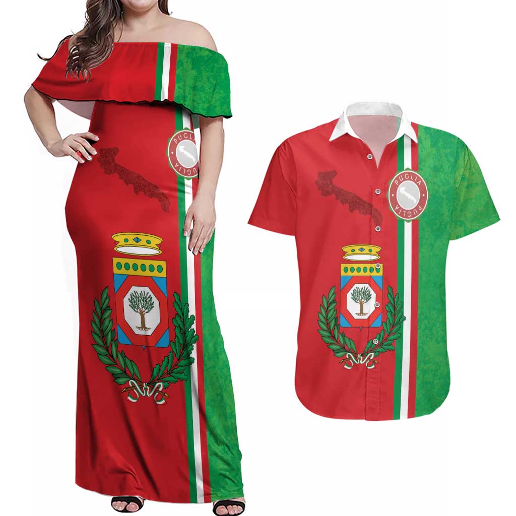 Italy Apulia Couples Matching Off Shoulder Maxi Dress and Hawaiian Shirt Map Of Apulia With Coat Of Arms - Wonder Print Shop