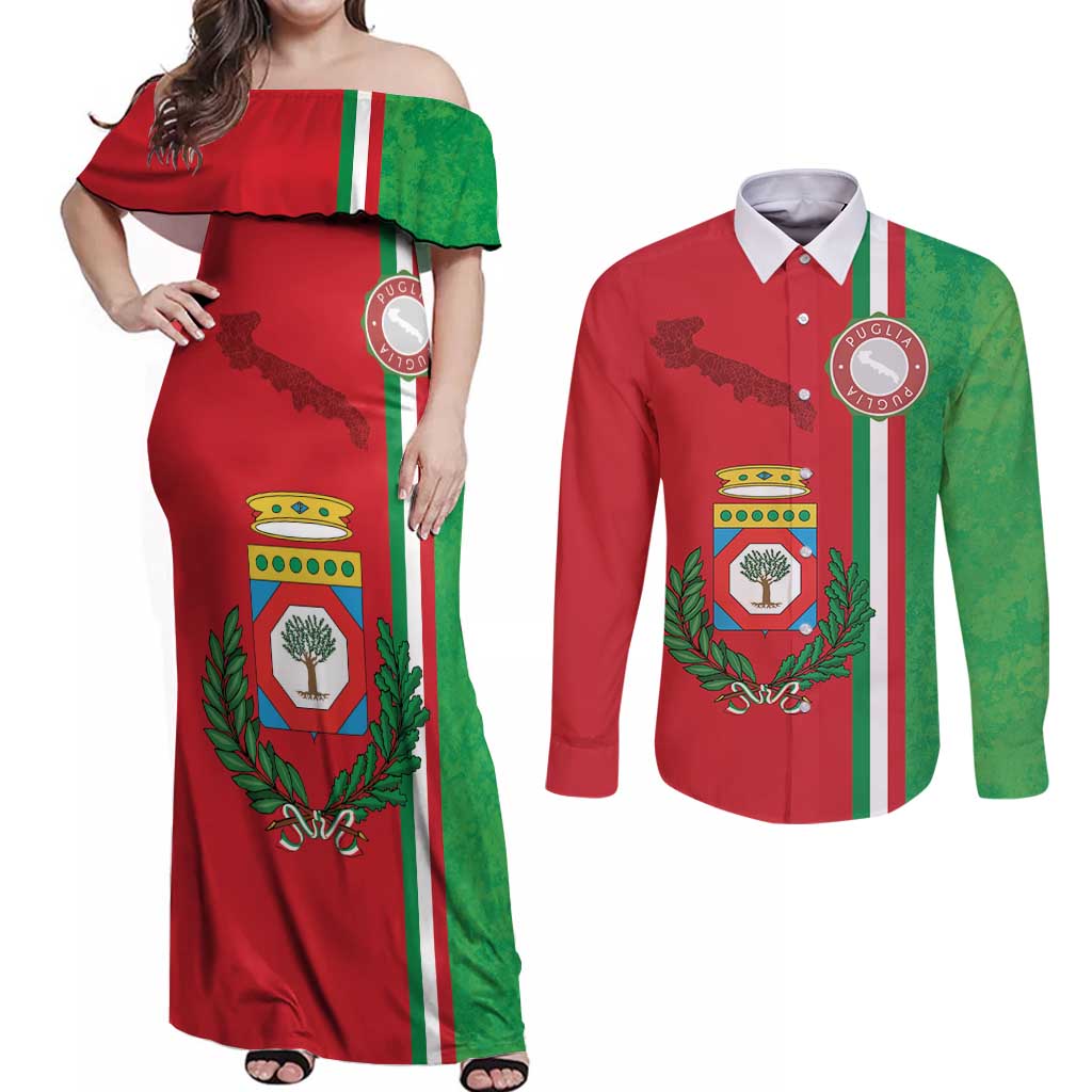 Italy Apulia Couples Matching Off Shoulder Maxi Dress and Long Sleeve Button Shirt Map Of Apulia With Coat Of Arms - Wonder Print Shop