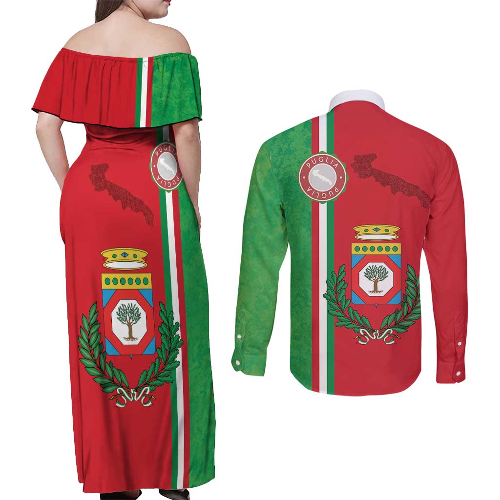 Italy Apulia Couples Matching Off Shoulder Maxi Dress and Long Sleeve Button Shirt Map Of Apulia With Coat Of Arms LT19