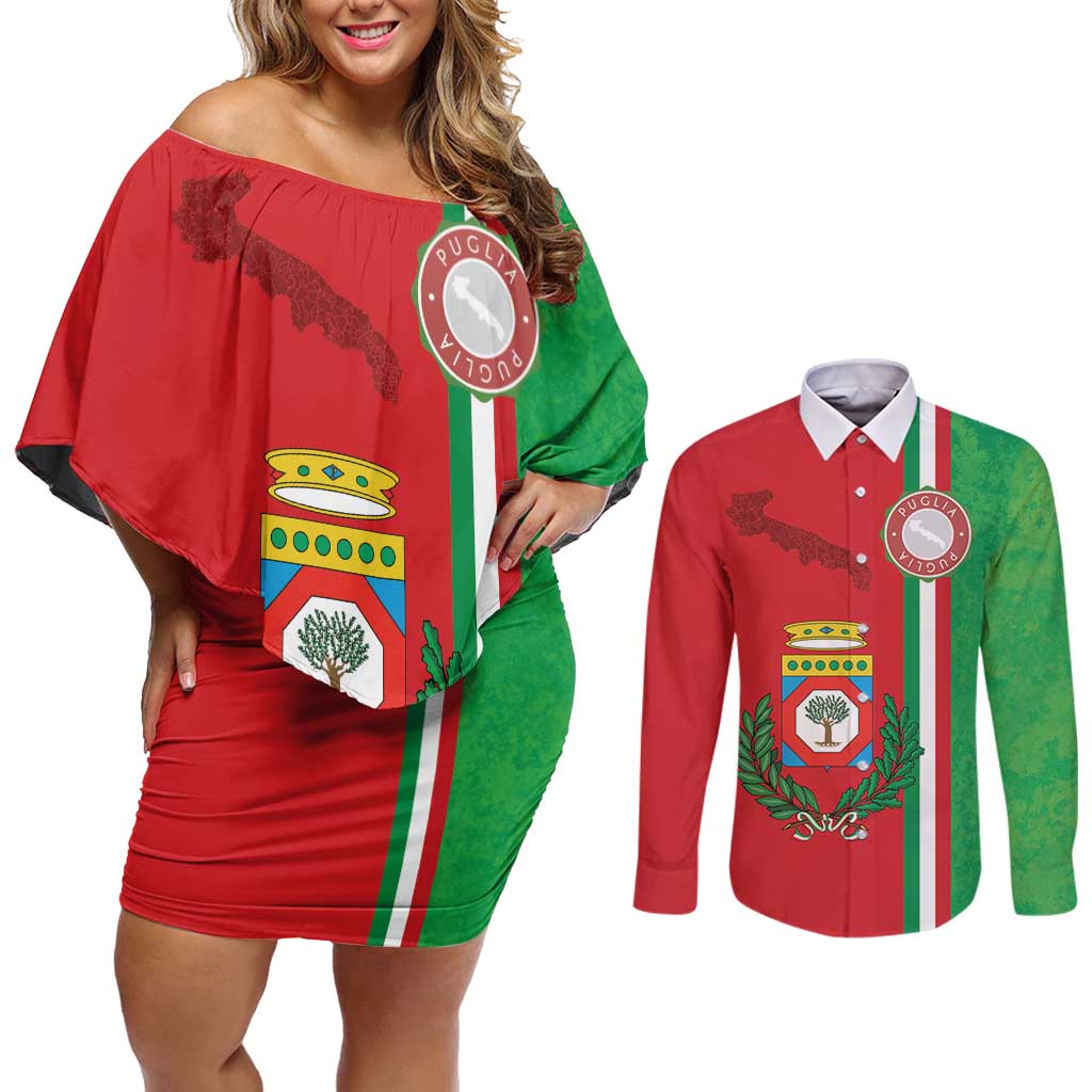 Italy Apulia Couples Matching Off Shoulder Short Dress and Long Sleeve Button Shirt Map Of Apulia With Coat Of Arms - Wonder Print Shop