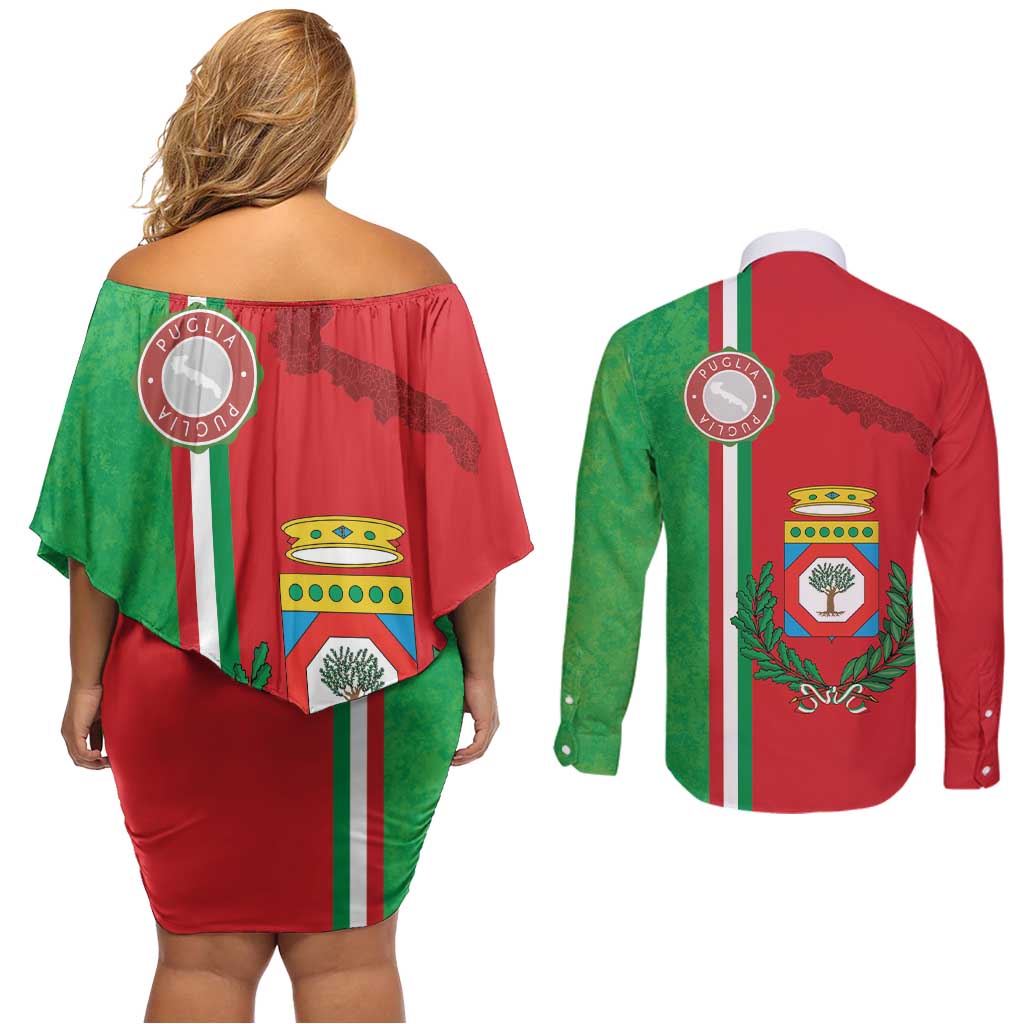 Italy Apulia Couples Matching Off Shoulder Short Dress and Long Sleeve Button Shirt Map Of Apulia With Coat Of Arms LT19