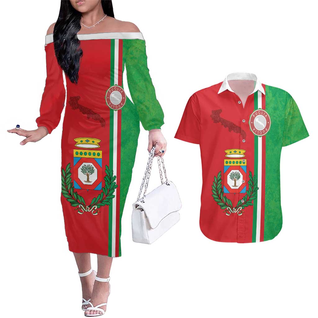 Italy Apulia Couples Matching Off The Shoulder Long Sleeve Dress and Hawaiian Shirt Map Of Apulia With Coat Of Arms - Wonder Print Shop