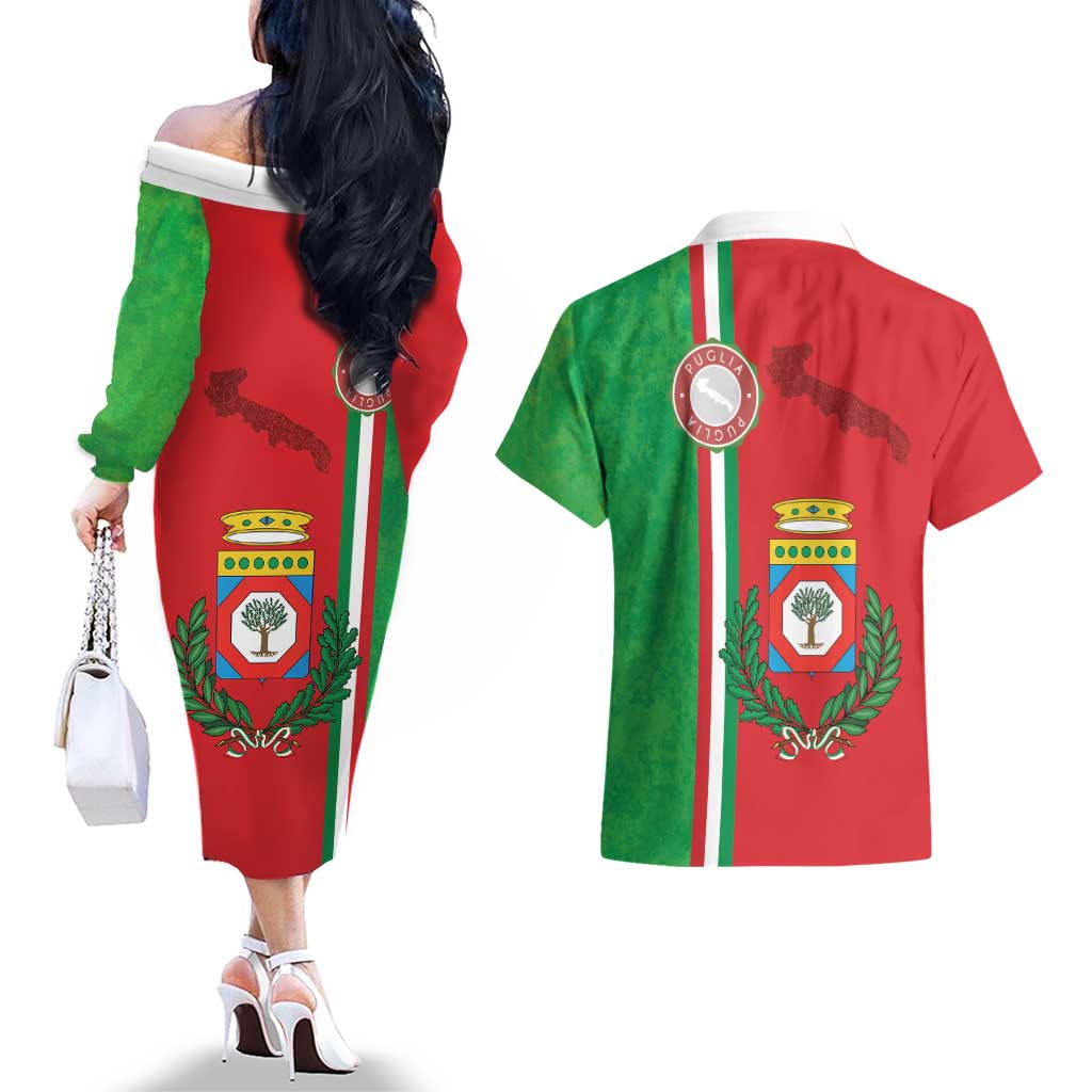 Italy Apulia Couples Matching Off The Shoulder Long Sleeve Dress and Hawaiian Shirt Map Of Apulia With Coat Of Arms LT19