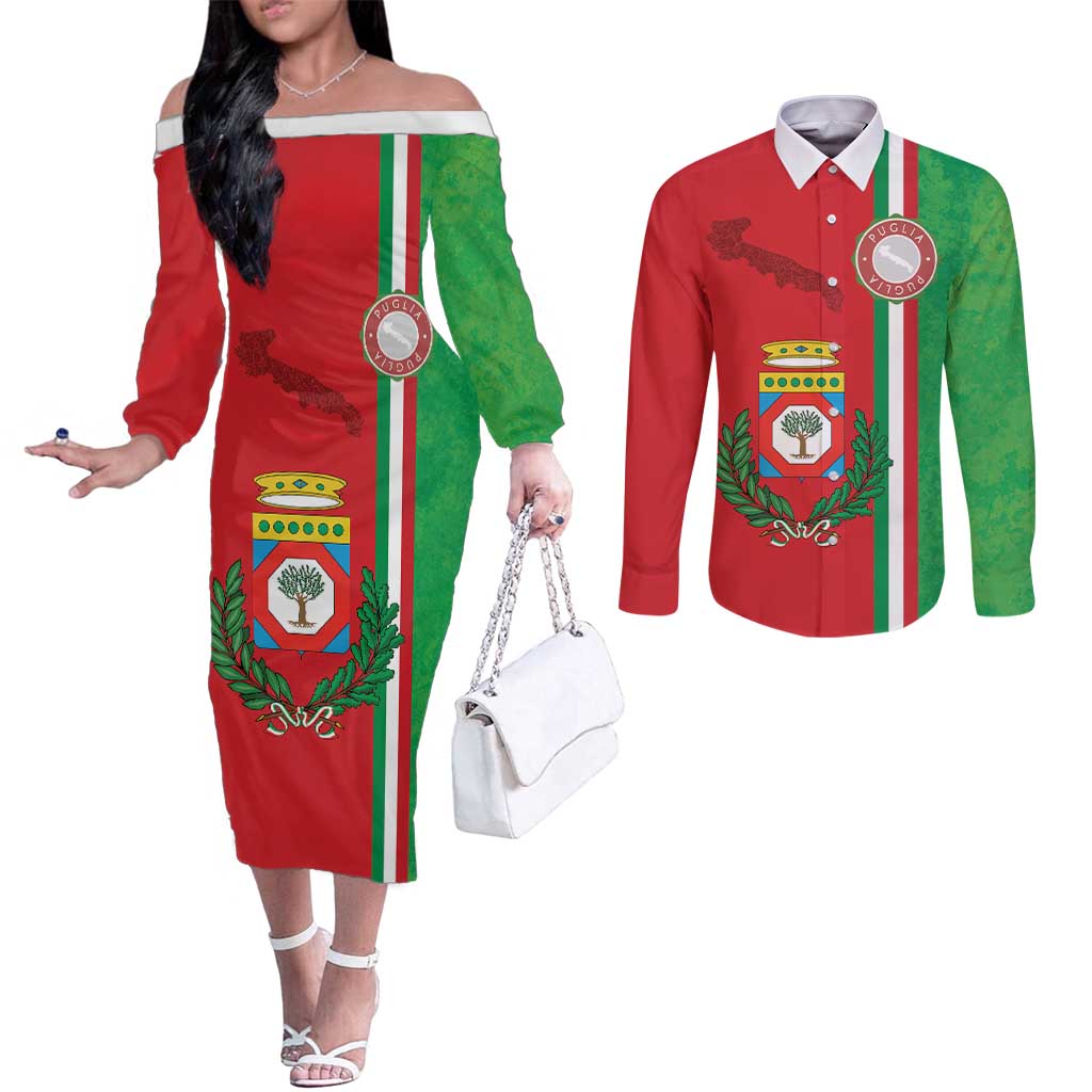 Italy Apulia Couples Matching Off The Shoulder Long Sleeve Dress and Long Sleeve Button Shirt Map Of Apulia With Coat Of Arms - Wonder Print Shop