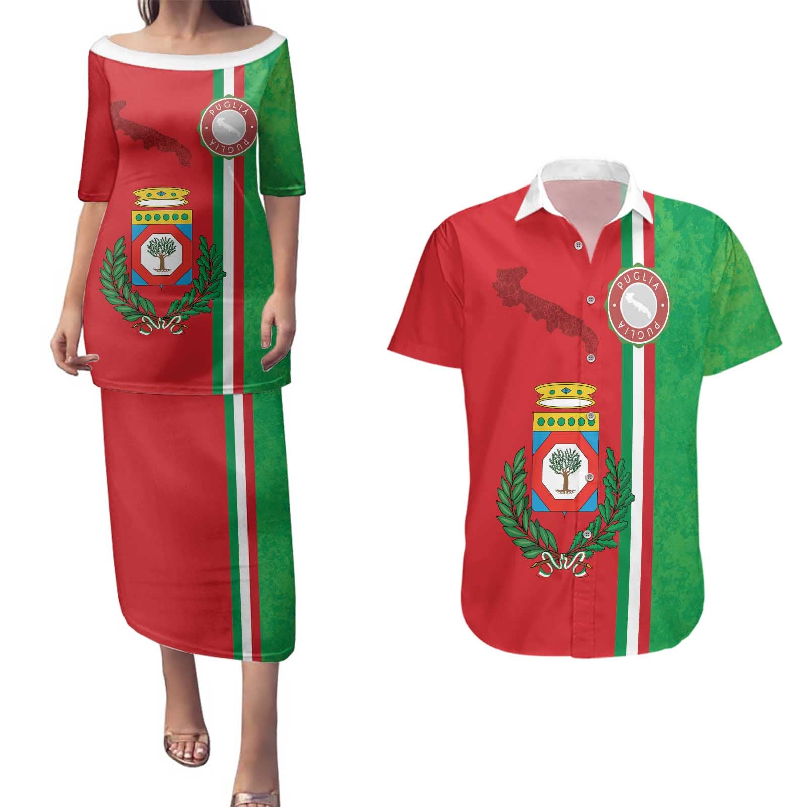 Italy Apulia Couples Matching Puletasi and Hawaiian Shirt Map Of Apulia With Coat Of Arms - Wonder Print Shop