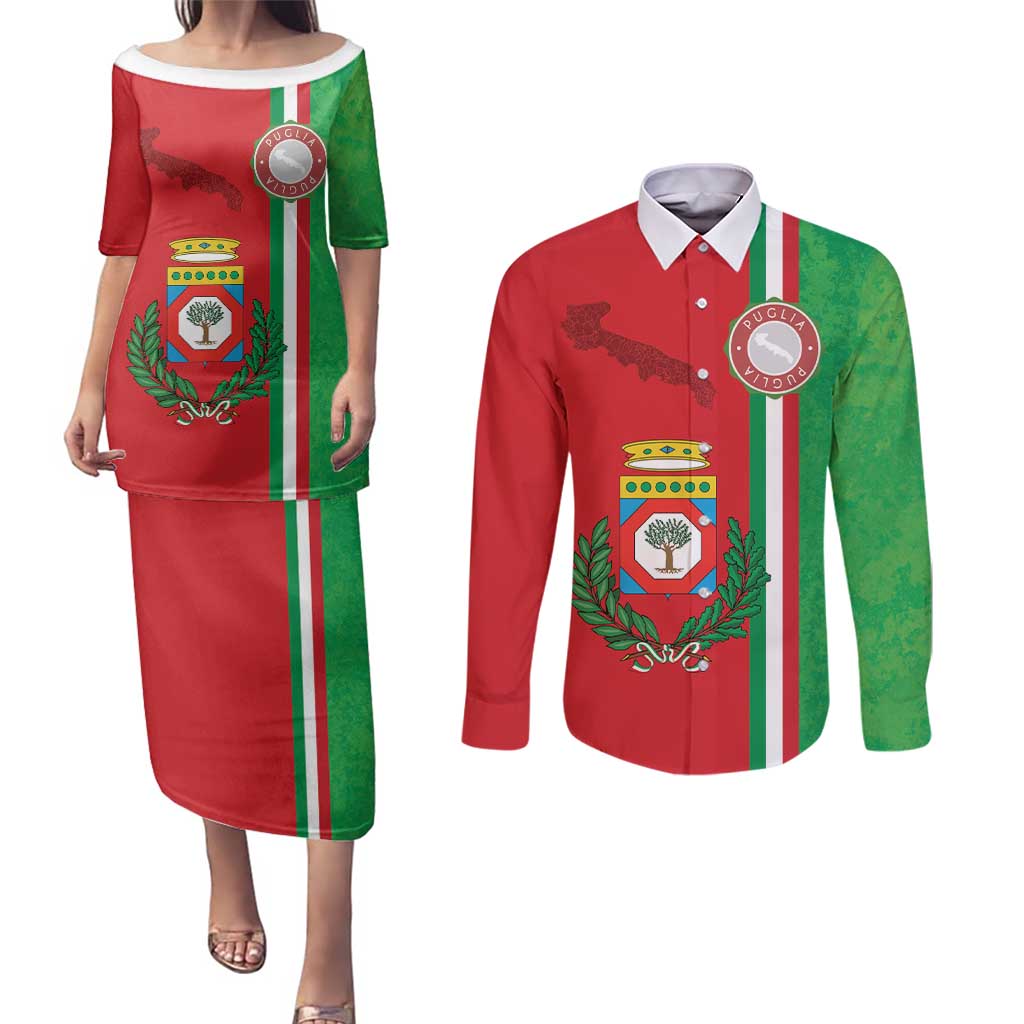 Italy Apulia Couples Matching Puletasi and Long Sleeve Button Shirt Map Of Apulia With Coat Of Arms - Wonder Print Shop