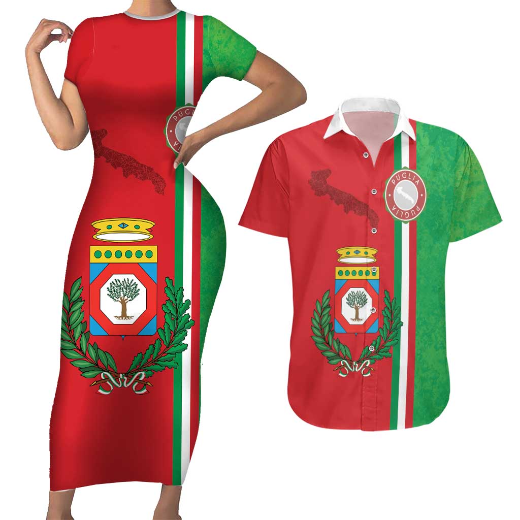 Italy Apulia Couples Matching Short Sleeve Bodycon Dress and Hawaiian Shirt Map Of Apulia With Coat Of Arms - Wonder Print Shop