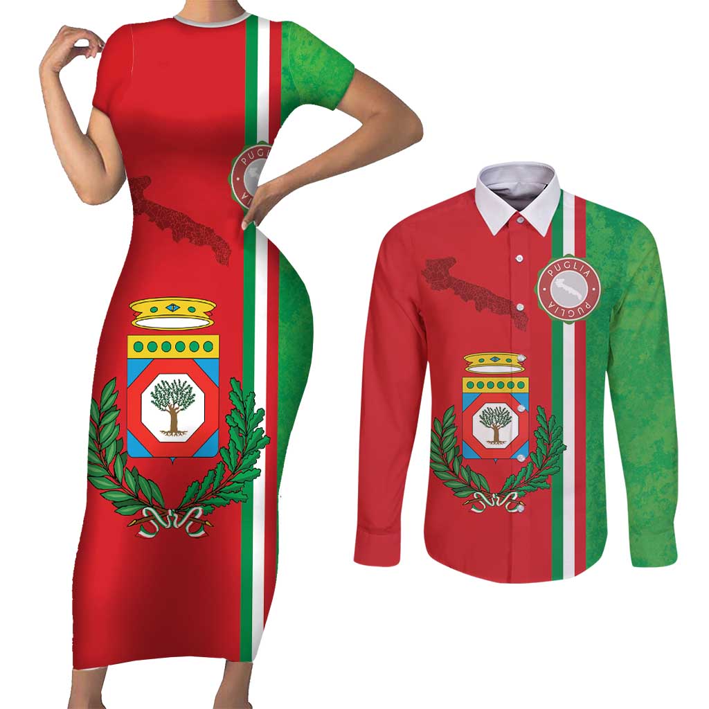 Italy Apulia Couples Matching Short Sleeve Bodycon Dress and Long Sleeve Button Shirt Map Of Apulia With Coat Of Arms - Wonder Print Shop