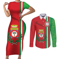 Italy Apulia Couples Matching Short Sleeve Bodycon Dress and Long Sleeve Button Shirt Map Of Apulia With Coat Of Arms LT19